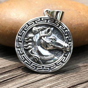 Handcrafted 925 Sterling Silver Horse Pendant Greek Key Animal Amulet Pendant/Necklace Silver Jewelry Accessories Gift by VINTZ