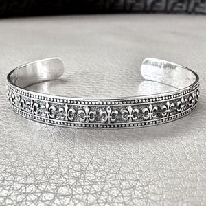 Handcrafted 925 Sterling Silver Fleur De Lis Bracelet Musketeer French Lily Flower Cuff Bracelet Silver Jewelry Accessory Gift by VINTZ
