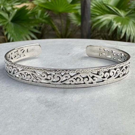 Bracelet Manchette En Argent Sterling - Décor De Feuilles - Occasion - Style Argenté - Bijou Unisexe