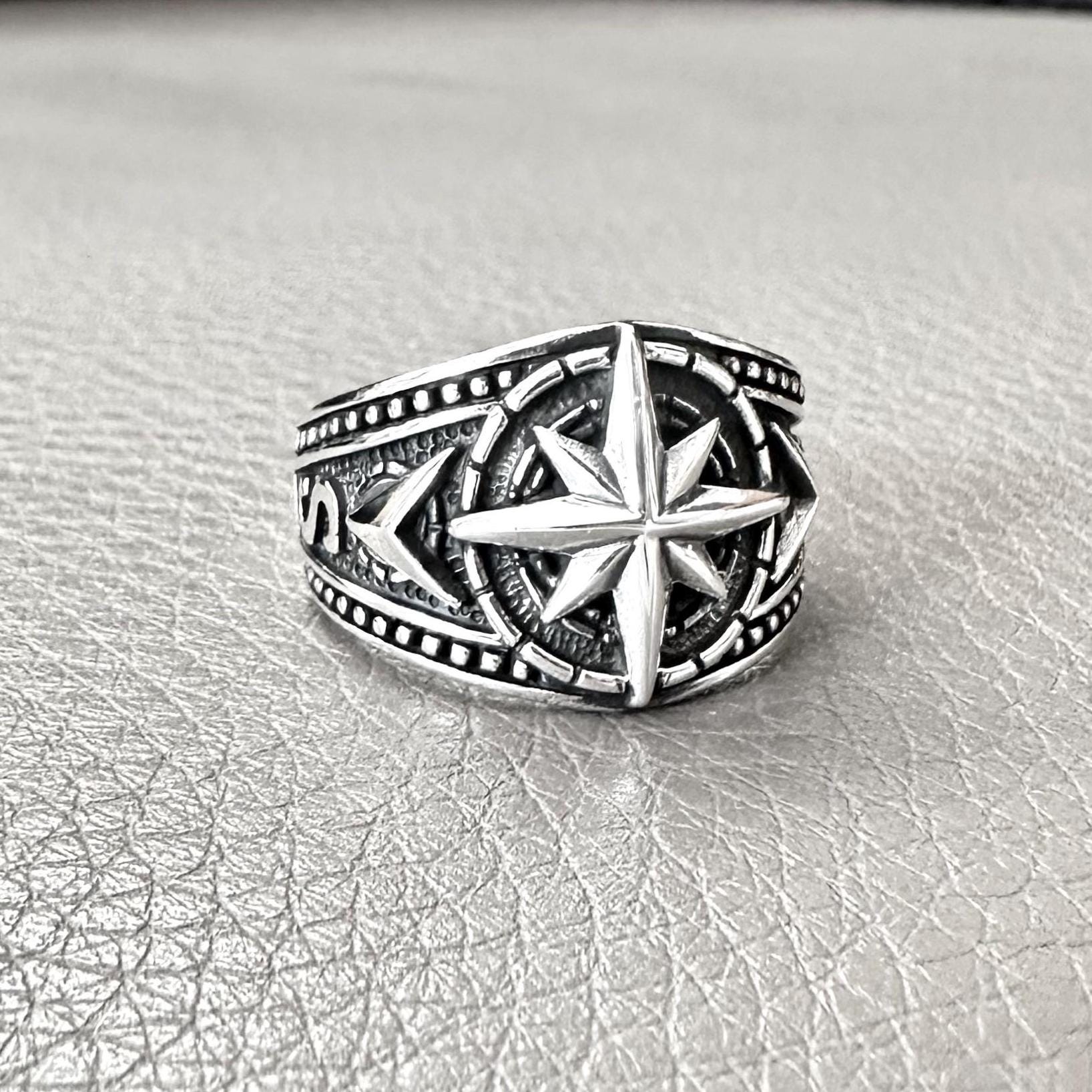 Handcrafted 925 Sterling Silver Compass Ring North Star Compass Sailor ...