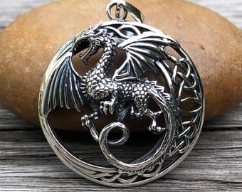 Handcrafted 925 Sterling Silver Dragon Pendant Mythical Monster Viking Celtic Wyvern Pendant/Necklace Silver Jewelry Accessory Gift by VINTZ