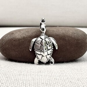 May include: A polished silver-toned metal pendant shaped like a sea turtle. The pendant features a detailed shell with segmented, raised plates and a small loop at the top for attachment. The turtle is depicted with extended flippers and a head.