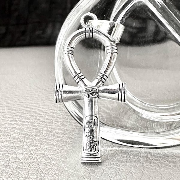 Large Silver Plated Egyptian Ankh Cross Pendant Necklace, 24 Inch Cable Chain