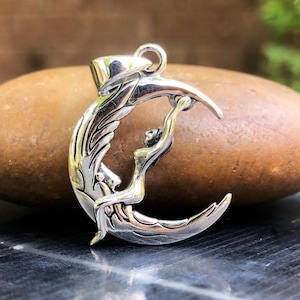 Handcrafted 925 Sterling Silver Moon Fairy Pendant Celtic Crescent Moon Pendant/Necklace Silver Jewelry Accessories Gift by VINTZ