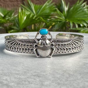 Handcrafted 925 Sterling Silver Scarab Bracelet Turquoise Stone Egyptian Beetle Bug Scarabaeus Bracelet Jewelry Accessory Gift by VINTZ