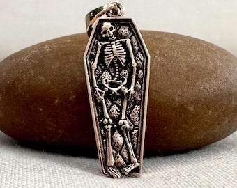 Handcrafted Bronze Skeleton Coffin Gothic Punk Biker Skull Pendant/Necklace Accessory Jewelry Gift VINTZ