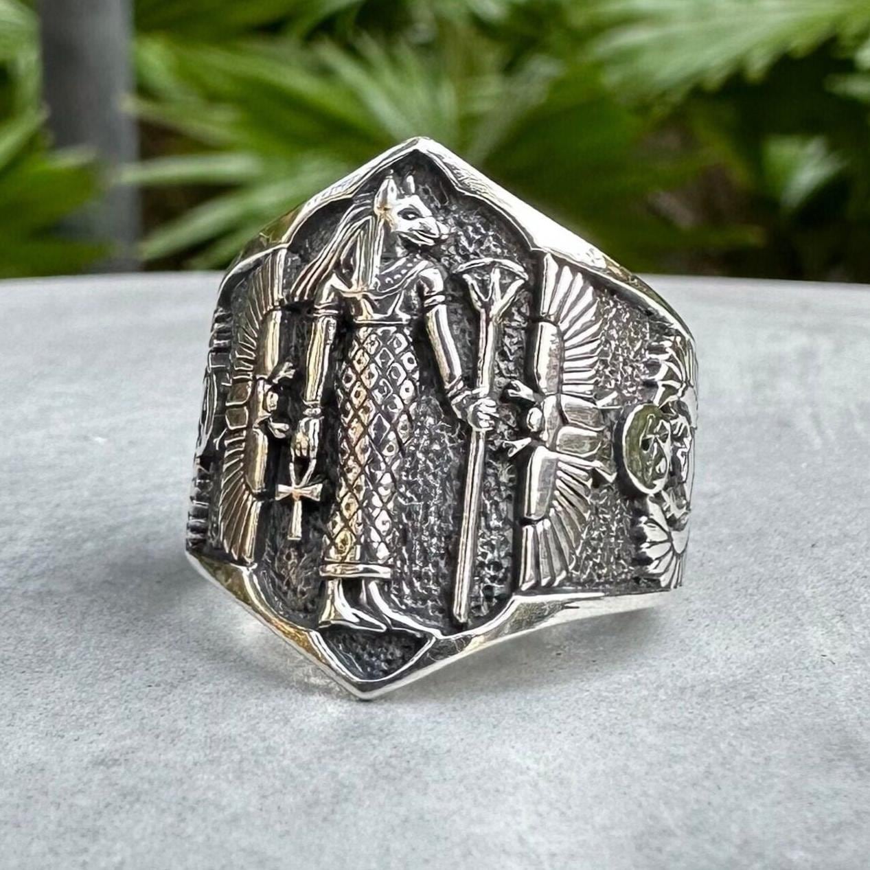 Anello Argento 925 Dea Bastet, Gatto Egizio Con Ankh, Talismano, Fatto In Egitto, Alta Qualità