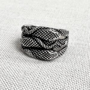 May include: A silver-toned metal ring featuring a wrap-around design of a snake with detailed, textured scales covering the entire surface. The snake's body coils around the band, creating a continuous, intricate pattern with dark oxidized accents.