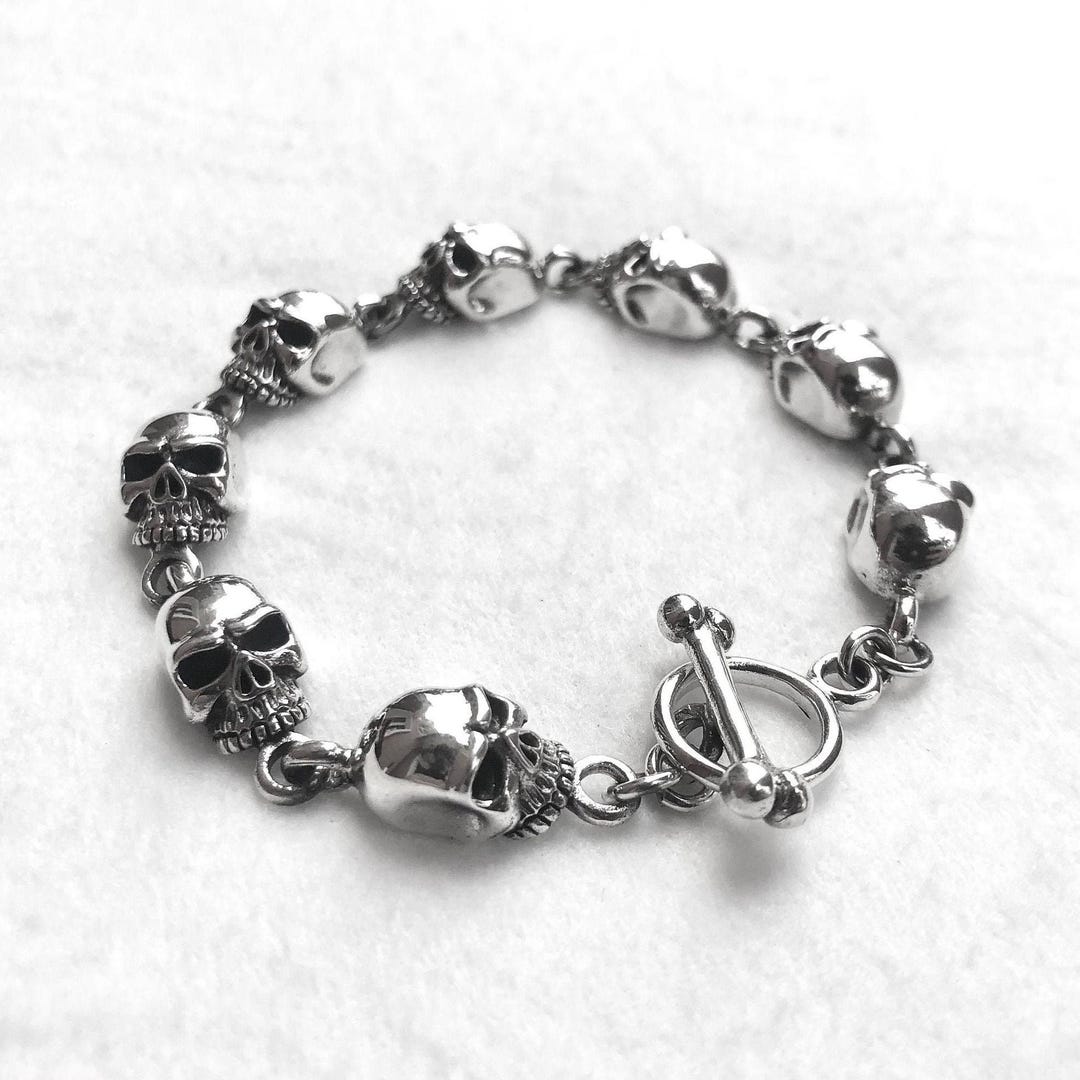 Myshiwu 925 Sterling Silver Skull Cuban Chain Bracelet For Men & Women – Goth Punk Adjustable Bracelet Gift Boxed