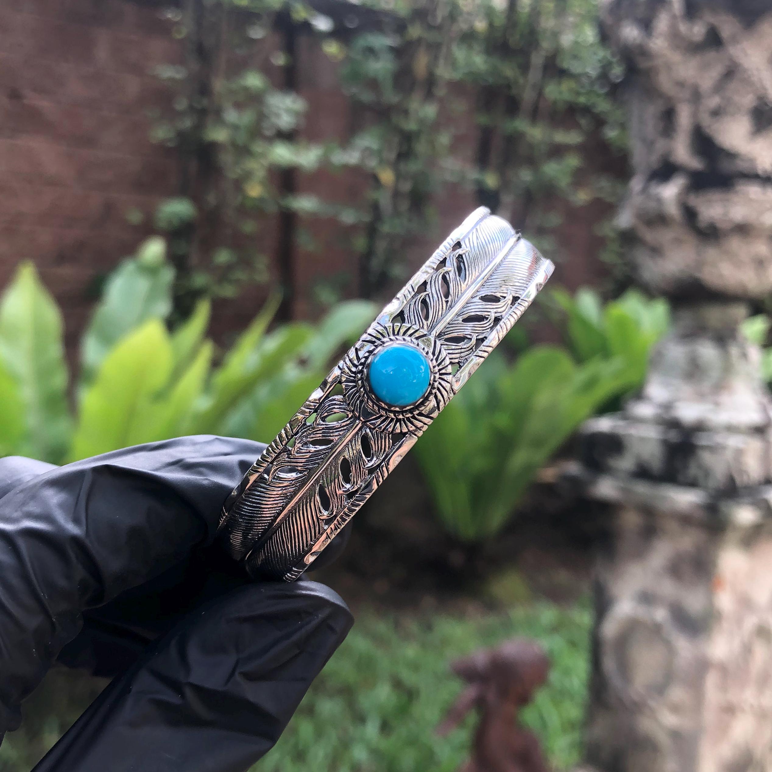 Bracciale Indiano Americano Regolabile In Argento 925 Con Turchese E Piuma - Stile Boho Western - 3