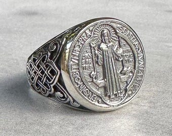 Handcrafted 925 Sterling Silver | Saint Benedict Ring | Patron St. Benedict of Nursia Jewelry | VINTZ