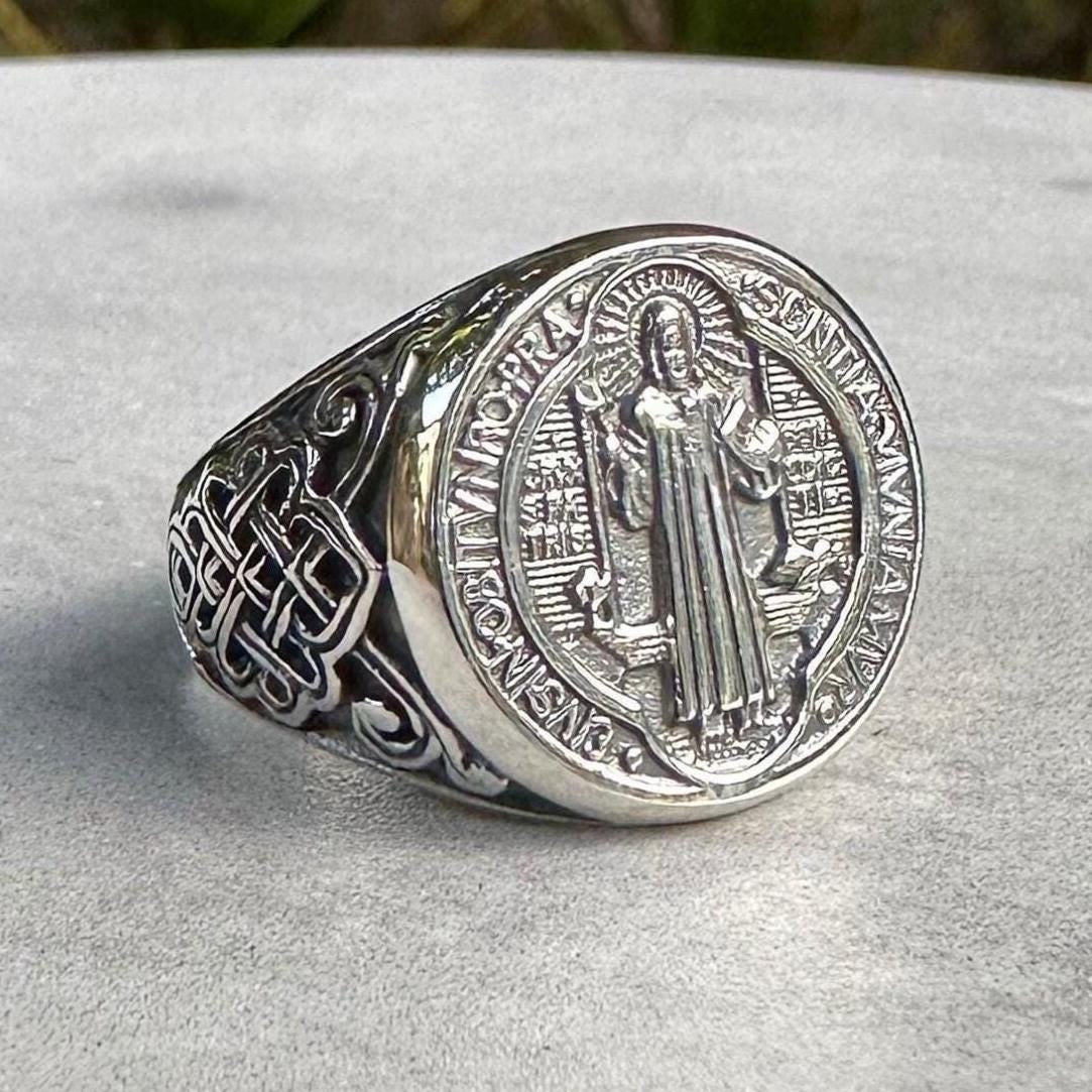 Handcrafted 925 Sterling Silver Saint Benedict Ring Patron St. Benedict of Nursia Jewelry VINTZ