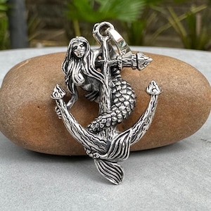 Handcrafted 925 Sterling Silver Mermaid Pendant Sea Maiden & Anchor Amulet Pendant/Necklace Women Fashion Silver Jewelry Accessory by VINTZ