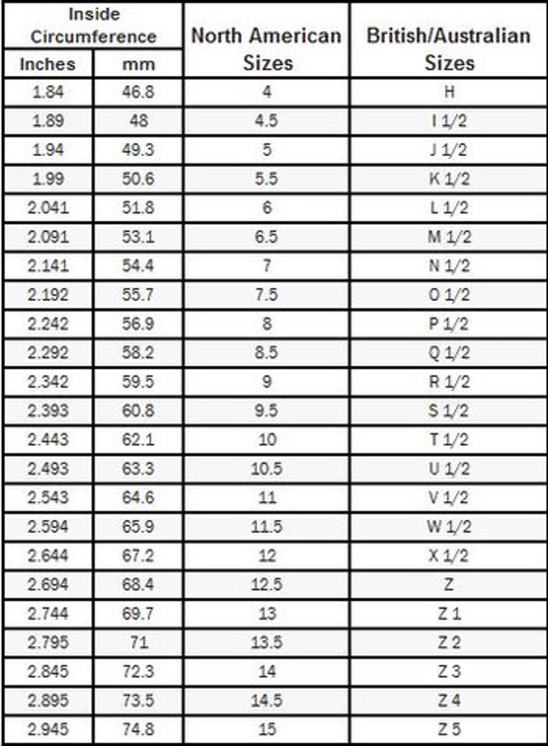 May include: A chart showing ring sizes in inches, millimeters, North American sizes, and British/Australian sizes. The chart includes sizes from 4 to 15.