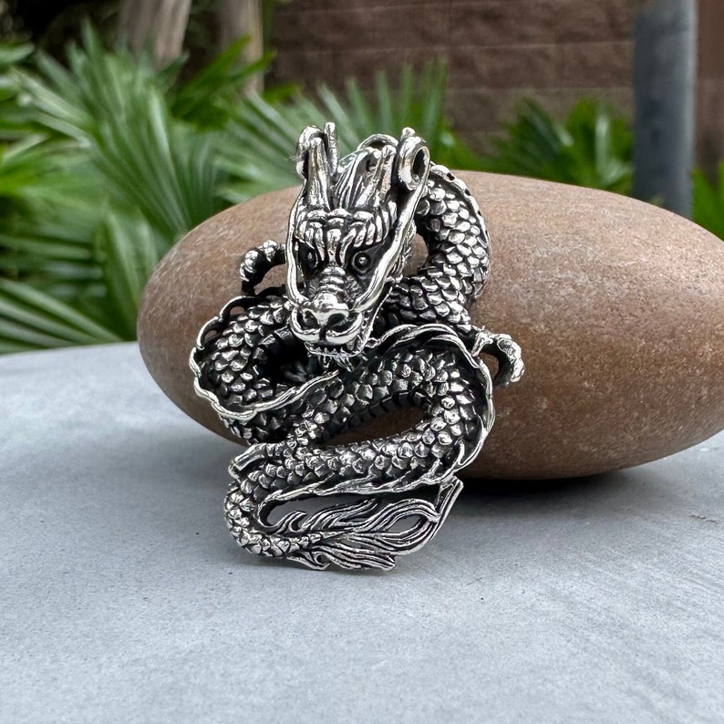 Handcrafted 925 Sterling Silver Chinese Dragon Pendant Wu Long Chinese Black Dragon Oolong Pendant/Necklace Silver Jewelry Gift by VINTZ image 3