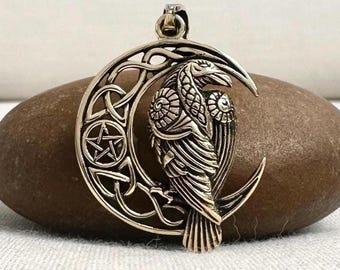 Handcrafted Brass | Raven Pendant | Viking Odin's Crow Necklace | Celtic Crescent Moon | Bird Jewelry | VINTZ