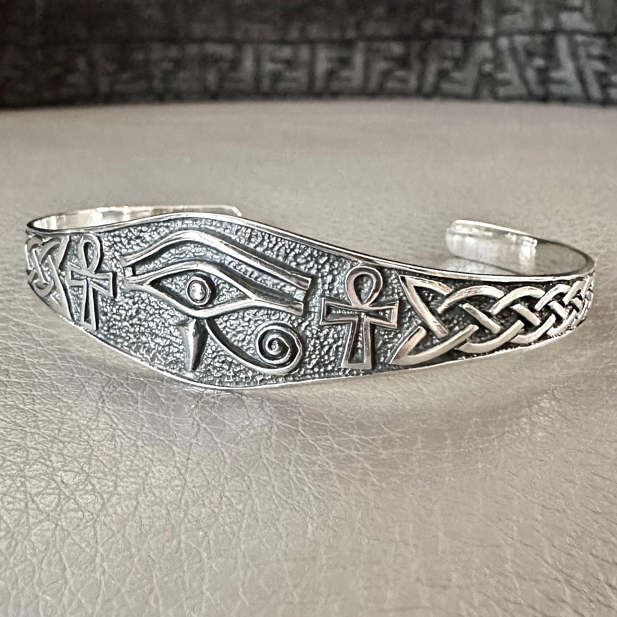 Handcrafted 925 Sterling Silver Egypt Eye Bracelet Eye of Horus Egyptian God Ankh Cross Amulet Cuff Bracelet Silver Jewelry Gift by VINTZ