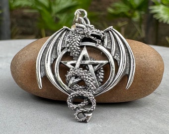 Handcrafted 925 Sterling Silver Dragon Pentagram Pendant Wiccan Dragon Pentacle Star Wyvern Pendant/Necklace Silver Accessor Gift by VINTZ