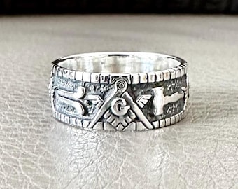 Handcrafted 925 Sterling Silver Masonic Ring Freemasonry Square & Compass Illuminati Freemason Ring Silver Jewelry Accessory Gift by VINTZ