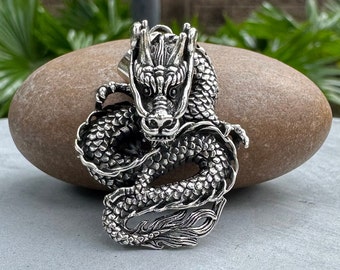 Handcrafted 925 Sterling Silver Chinese Dragon Pendant Wu Long Chinese Black Dragon Oolong Pendant/Necklace Silver Jewelry Gift by VINTZ