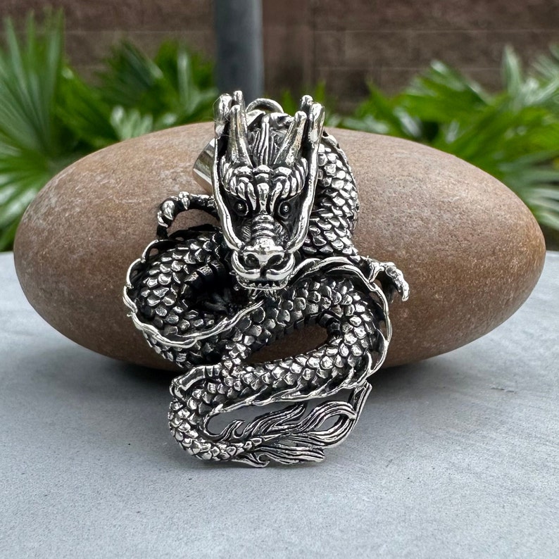 Handcrafted 925 Sterling Silver Chinese Dragon Pendant Wu Long Chinese Black Dragon Oolong Pendant/Necklace Silver Jewelry Gift by VINTZ image 1