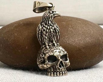Handcrafted Brass | Raven & Skull Pendant | Viking Crow Necklace | Odin's Bird Companion | Jewelry Accessory | VINTZ