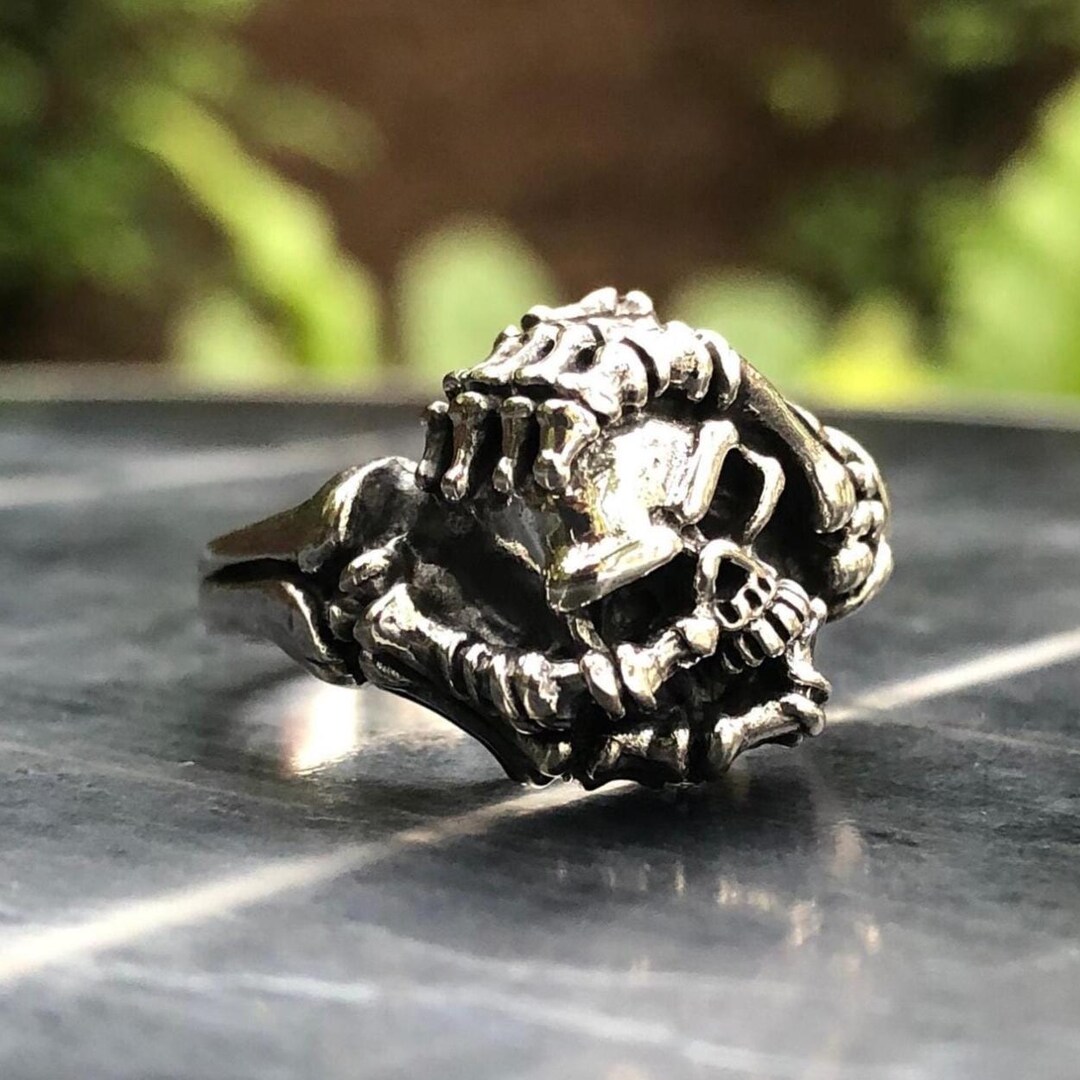 Handcrafted 925 Sterling Silver Skull Gothic Punk Biker Skeleton