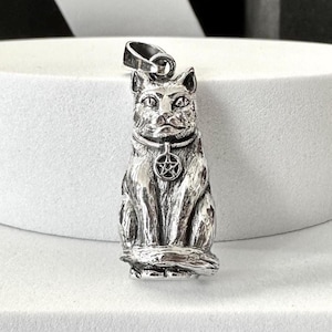 Può includere: Ciondolo a forma di gatto argentato con ciondolo a pentagramma. Il gatto è raffigurato seduto, con dettagli di pelliccia e un collare. Il ciondolo ha un anello nella parte superiore per una catena. Il design è gotico e mistico. Altezza circa 4 cm.