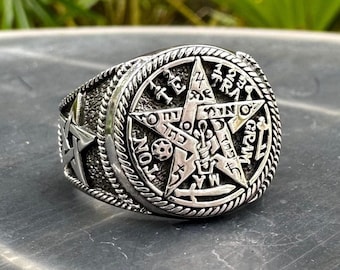 Handcrafted 925 Sterling Silver Tetragrammaton Pentagram Ring YHVH Hebrew God Amulet Pentacle Ring Silver Jewelry by VINTZ