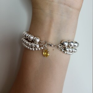 Handmade Silver Bead Layered Bracelet | Multi-Strand Bracelet with Citrine Charm | Elegant Minimalist Jewelry | Unique Gift for Her