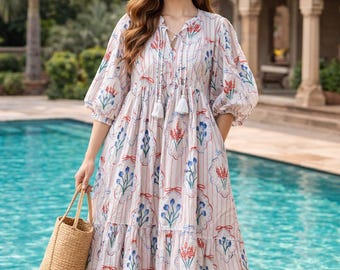 Vestido midi floral con estampado de bloques a mano, 100% algodón, vestido bohemio de verano con volantes.