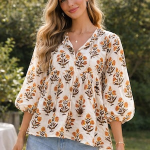 Floral Block Print Top, Cotton Babydoll Blouse, Boho Peplum Top Women, Puff Sleeve Shirt, Cottagecore Summer Blouse, Indian Handmade Top