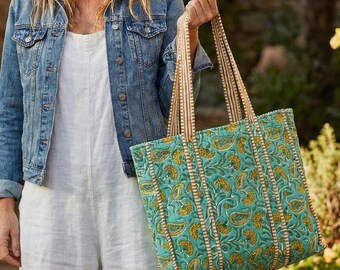 Hand Block Print Quilted Cotton Tote Bag, Boho Market Shoulder Bag, Cottagecore Style