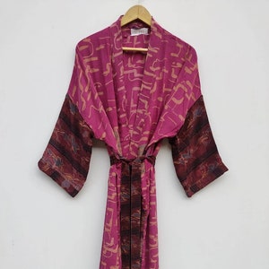 Recycled Silk Sari Kimono, Vintage Sari Long Robe, One Size Fits All