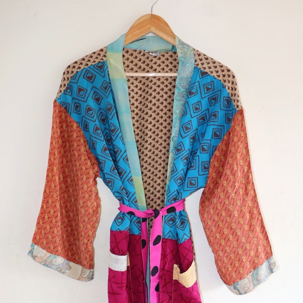 Recycled Silk Sari Kimono, Vintage Sari Long Robe, One Size Fits All