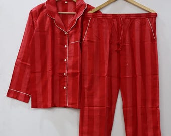 Red Striped Cotton Pajama Set, Hand Block Print Sleepwear