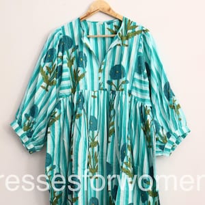 Hand Block Print Cotton Midi Dress | Striped Floral Summer Dress