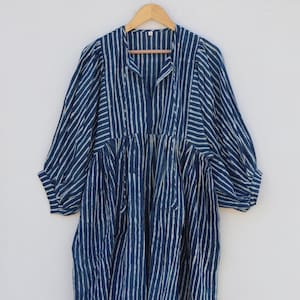 Handmade Indigo Block Print Cotton Dress | Striped Gauze Midi