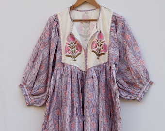 Hand Block Print Cotton Midi Dress, Embroidered Yoke, Boho Floral - Etsy
