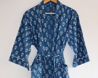 Batas de kimono Naturak Indigo para mujer, abrigo de casa, ropa de resort, batas de noche suaves y cómodas, vestido largo cruzado, vestido de casa