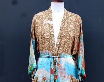 Recycled Silk Sari Kimono, Vintage Sari Long Robe, One Size Fits All