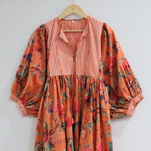 Block Gedrucktes Baumwoll Kleid: Boho Tunika mit Vogel Print