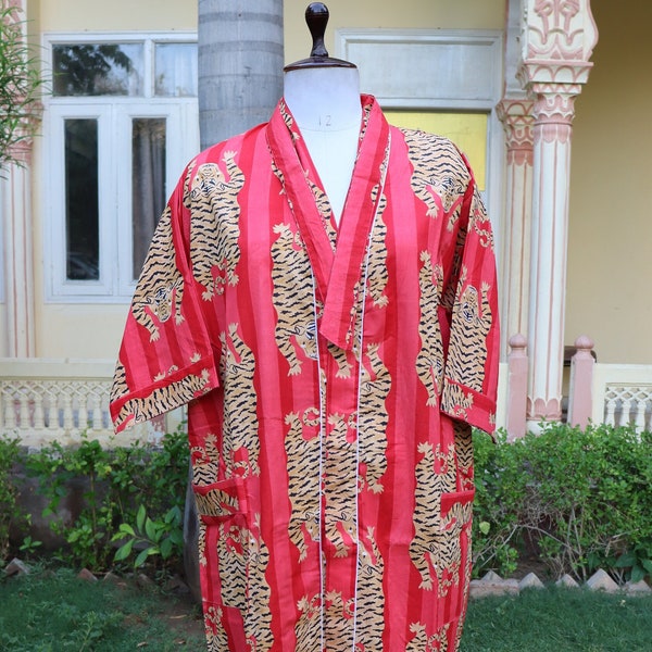 EXPRESS DELIVERY- Cotton kimono Dress, Tiger Print Women Wear Cotton kimono, Bikini Cover Up  Nightwear Maxi, Gown, Ethnic Robes Dress