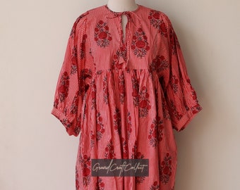 Vestido midi de algodón con estampado de bloques a mano / Rayas rojas florales