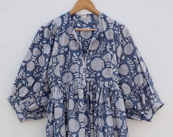 Blue Floral Block Print Dress, Cotton Midi Boho Dress with Puff Sleeves, Indian Hand Block Print Kaftan, Summer Smock Dress, Gift for Her