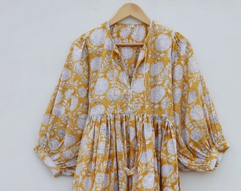 Handmade Floral Tunic Dress, Gift for Her, Modest Summer Dress with Sleeves, Beach Cover Up Luxe, Breathable Cotton Boho Midi
