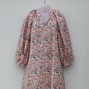 Floral Long Maxi dress  Block Print Dress, Deep Neck with string closer