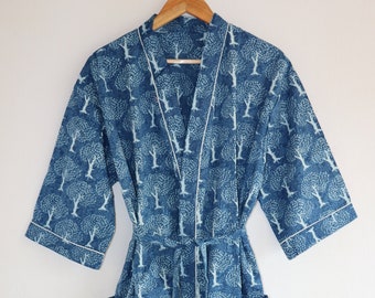 Batas de kimono azul índigo con motivo de algodón para mujer, abrigo de casa, ropa de resort, batas de noche suaves y cómodas, vestido largo envolvente, vestido de casa