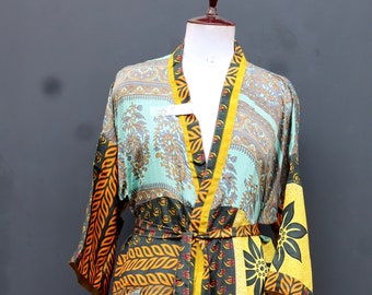 Recycled Silk Sari Kimono, Vintage Sari Long Robe, One Size Fits All