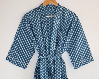 Cotton Motif Indigo Blue kimono Robes para mujeres, House Coat, Resort Wears, Túnicas de noche suaves y cómodas, Vestido largo, Vestido de hogar